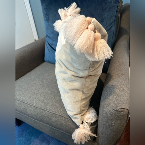 Target Pillowfort Pink Linen & Grey Velvet Square Throw Pillow with Pom Pom - Picture 4 of 7